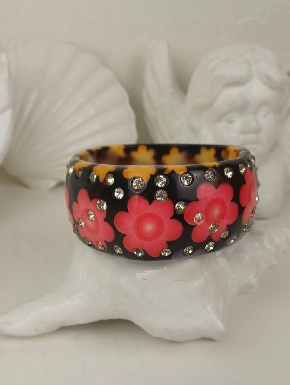 Hot Pink, Saphron & Violet Flower Black Resin Rhinestone Vibrant Bangle Beauty